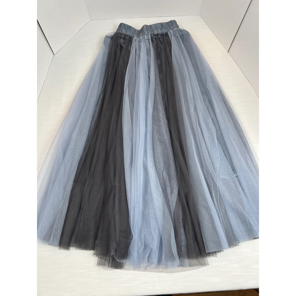 Grey Blue Colorblock Tulle Maxi Skirt Elastic Waist Ribbon Bow Mesh Layered